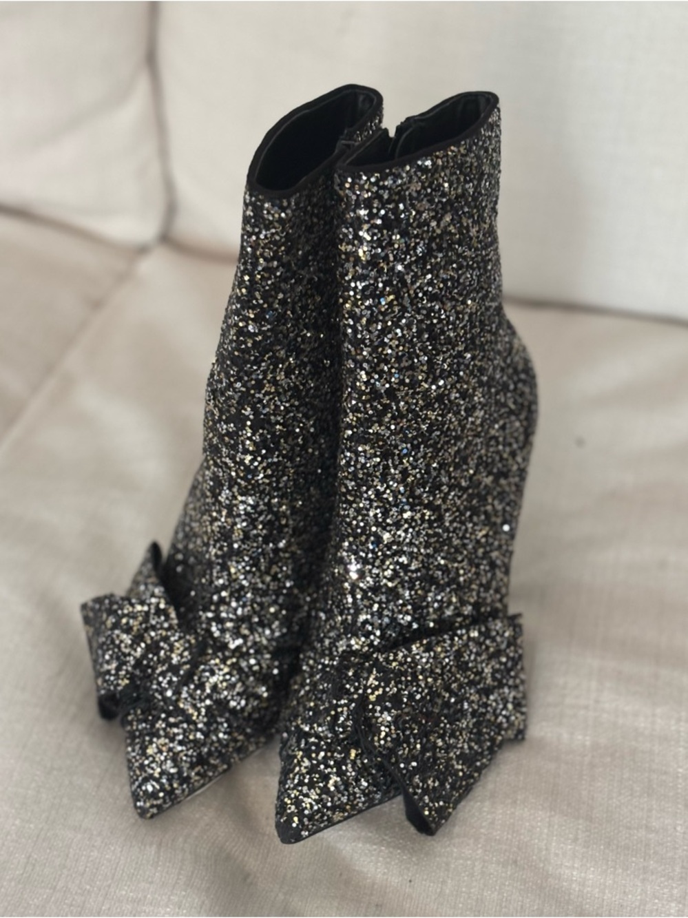 Topshop Black Glitter Pointed Toe Ankle Boots with Gold & Silver Sparkle